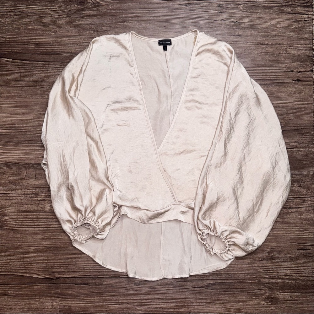 Buckle Black Champagne Blouse with Balloon Sleeves / V-neck